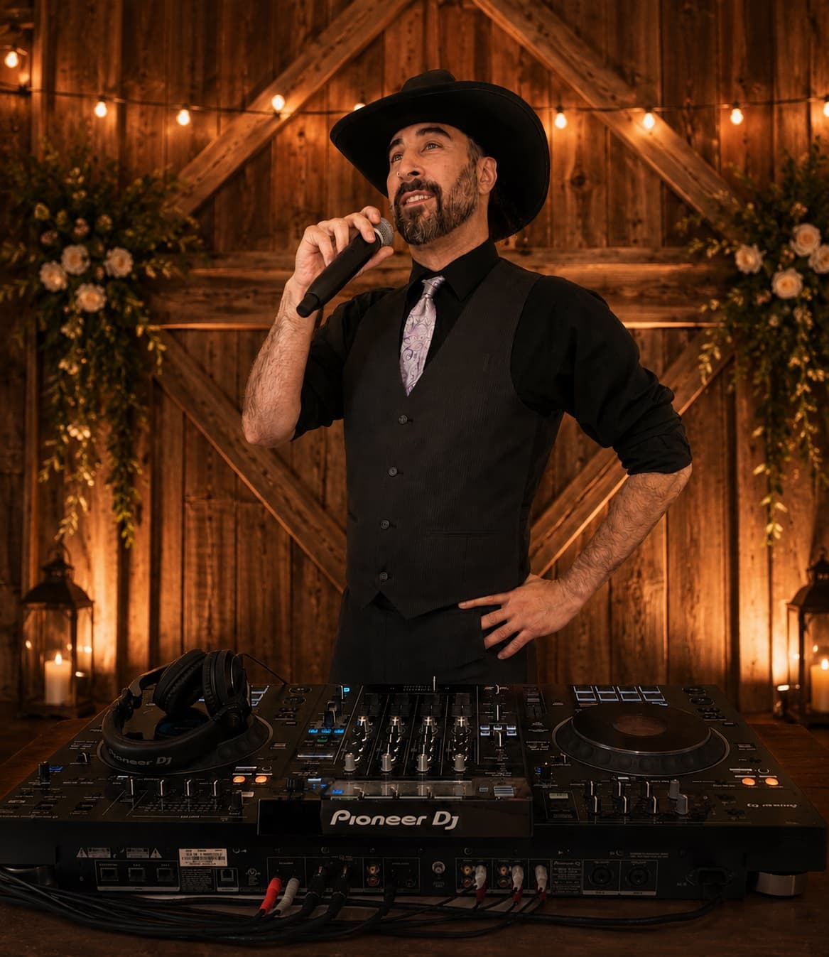 Daniel Imani on the microphone behind Pioneer decks at a barn wedding